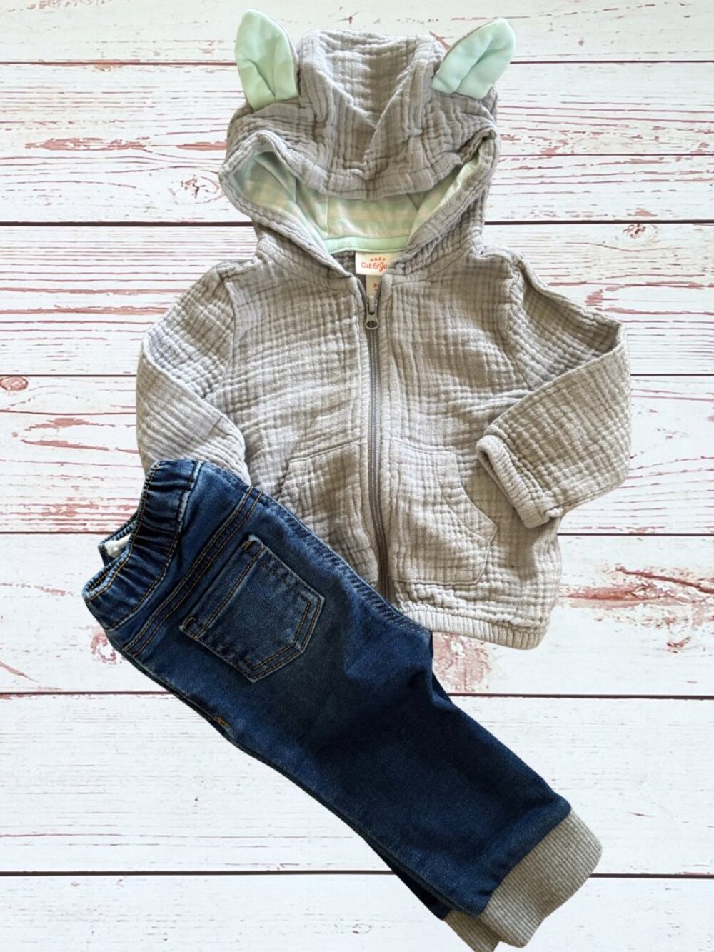 Baby Boy 3-6 Month Cat & Jack Outfit | Bear Ear Hooded Jacket & Denim Joggers